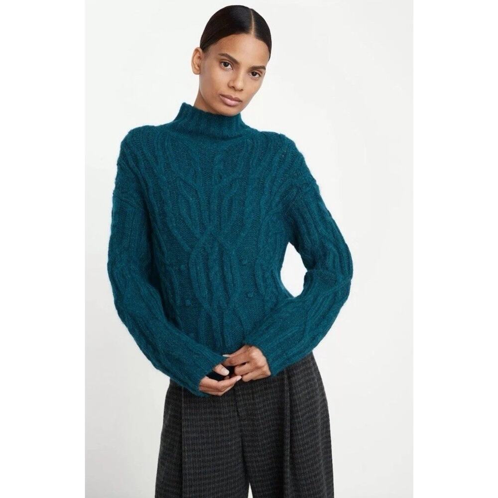VINCE INTERLACED CABLE TURTLENECK SWEATER- Alpaca / Wool DARK MALACHITE XXS NWT